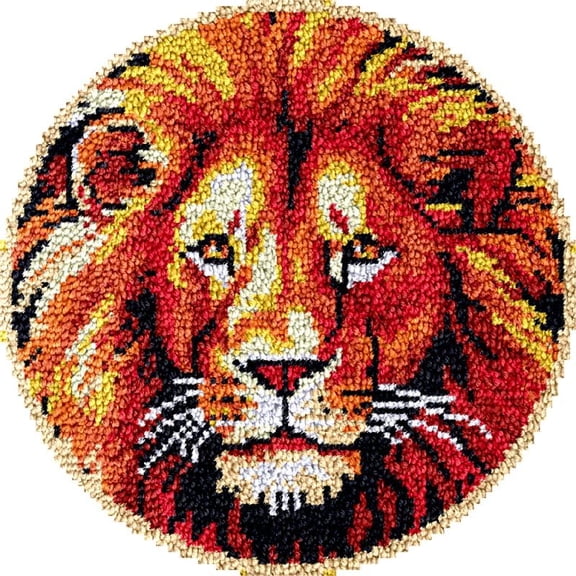 Large Round Latch Hook Rug kits Lion Portrait Latch Hook kit Cushion Blanket Embroidery Craft Kits For Beginner DIY Latch Hook Carpet Rug Kit with Printed Canvas 60x60cm