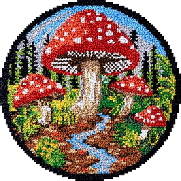 Large Round Latch Hook Rug kits Mushrooms Scenery Latch Hook kit Cushion Blanket Embroidery Craft Kits For Beginner DIY Latch Hook Carpet Rug Kit with Printed Canvas 60x60cm