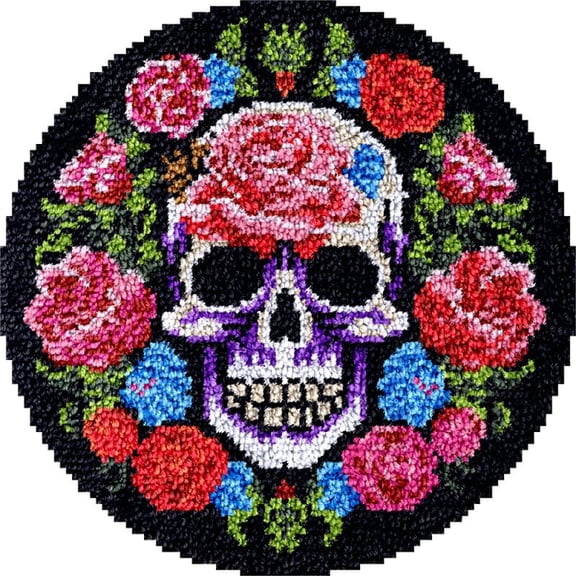 Large Round Latch Hook Rug kits Skull & Rose Latch Hook kit Cushion Blanket Embroidery Craft Kits For Beginner DIY Latch Hook Carpet Rug Kit with Printed Canvas 60x60cm