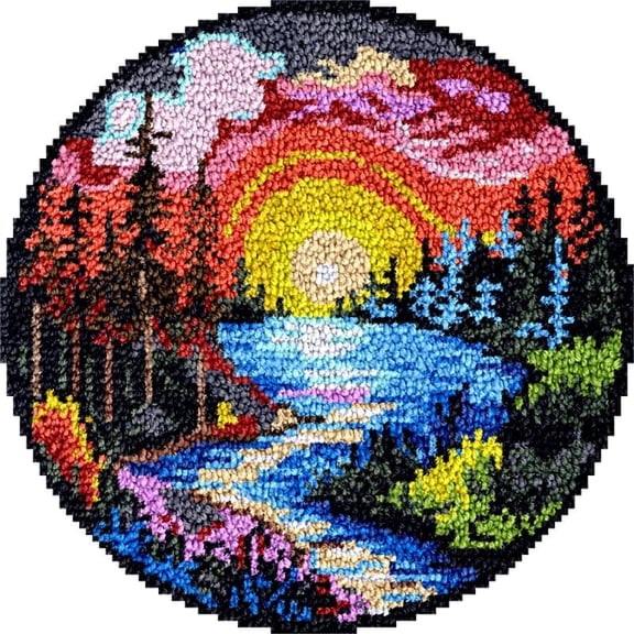 Large Round Latch Hook Rug kits Stream Scenery Latch Hook kit Cushion Blanket Embroidery Craft Kits For Beginner DIY Latch Hook Carpet Rug Kit with Printed Canvas 60x60cm