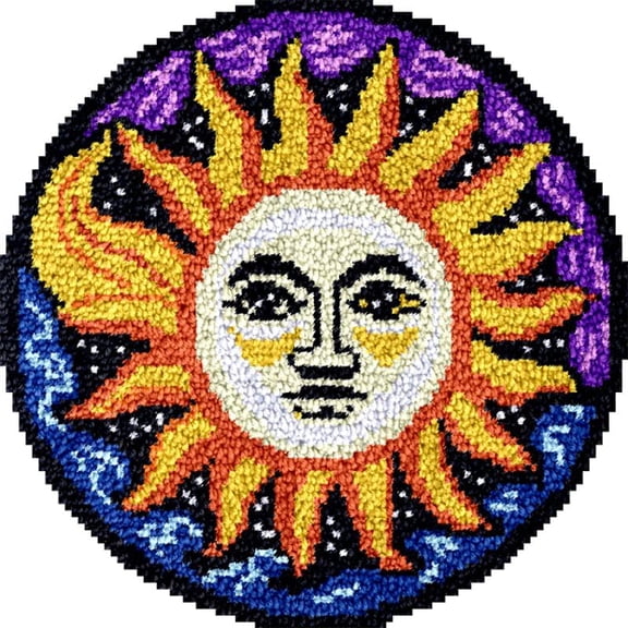 Large Round Latch Hook Rug kits Sun Pattern Latch Hook kit Cushion Blanket Embroidery Craft Kits For Beginner DIY Latch Hook Carpet Rug Kit with Printed Canvas 60x60cm