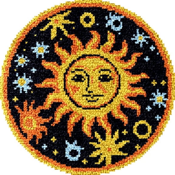 Large Round Latch Hook Rug kits Sun & Stars Latch Hook kit Cushion Blanket Embroidery Craft Kits For Beginner DIY Latch Hook Carpet Rug Kit with Printed Canvas 60x60cm
