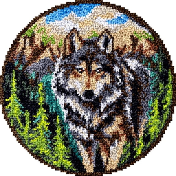Large Round Latch Hook Rug kits Wolf Latch Hook kit Cushion Blanket Embroidery Craft Kits For Beginner DIY Latch Hook Carpet Rug Kit with Printed Canvas 60x60cm