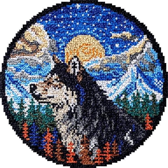 Large Round Latch Hook Rug kits Wolf & Moon Night Latch Hook kit Cushion Blanket Embroidery Craft Kits For Beginner DIY Latch Hook Carpet Rug Kit with Printed Canvas 60x60cm