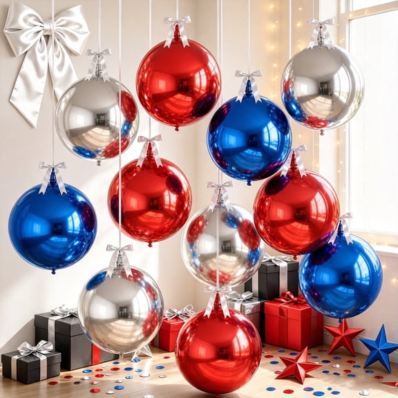 Large Round Metallic Foil Balloons 10 Pcs, Red Blue Silver Mylar Balloons, 22 Inch Lightweight Hanging Balloon Supplies for New Year, Anniversary, Baby Shower Backdrop, Red Blue Silver