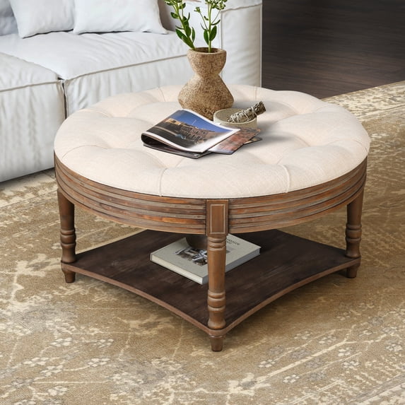 Large Round Ottoman Coffee Table with Storage, 2-Tier Button Tufted Ottoman with Wooden Shelf, Farmhouse Center Table for Living Room in Warm Grey and White