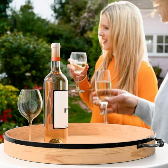 Large Round Ottoman Tray - 22'' Farmhouse Wood Serving Tray with Metal Handles - Circle Charcuterie Board for Living Room - Large Serving Trays for Coffee Table - Ottoman Topper Table