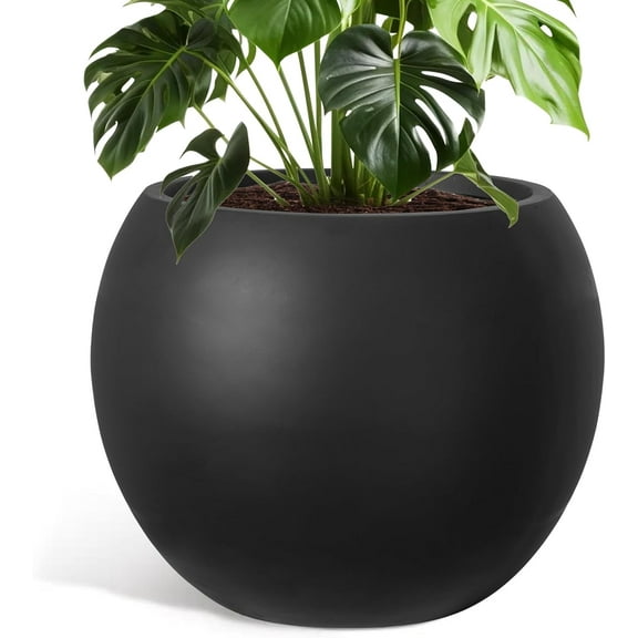 Large Round Planter with Drainage Hole, 13.7''H × 17.7''D Sphere Planter Indoor Plant Flower Pot for Outdoor Garden Patio Home, Black