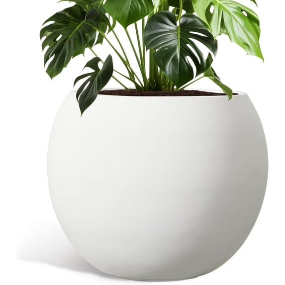 Large Round Planter with Drainage Hole, 13.7''H × 17.7''D Sphere Planter Indoor Plant Flower Pot for Outdoor Garden Patio Home, White