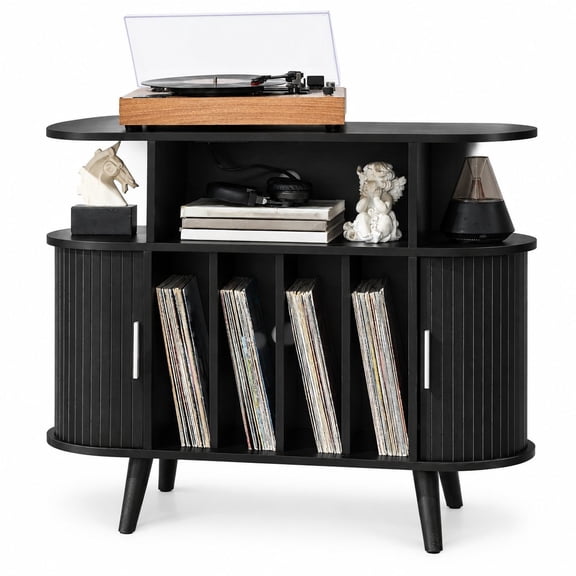 Large Round Record Player Stand with Charging Station, Black Mid-Century Modern Turntable Cabinet, Fluted Vinyl Storage Shelf, Arched Wood Record Table for Living Room