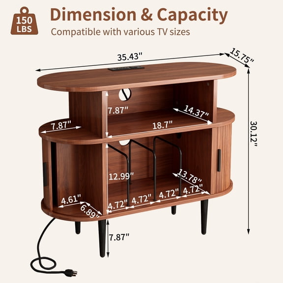 Large Round Record Player Stand with Charging Station & USB Ports, Mid Century Modern Turntable Table for Living Room Bedroom, Walnut MDF Vinyl Record Storage Cabinet