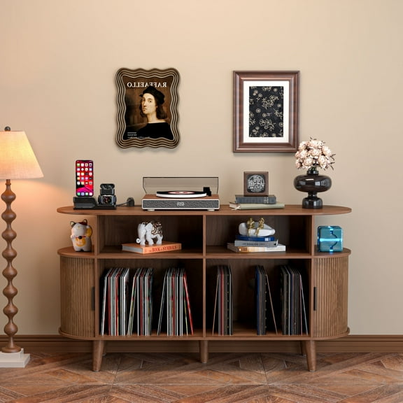 Large Round Record Player Stand with Charging Station & USB Ports, Record Storage Cabinet