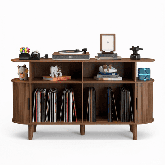 Large Round Record Player Stand with Charging Station and USB Ports, Vinyl Turntable Table for Living Room