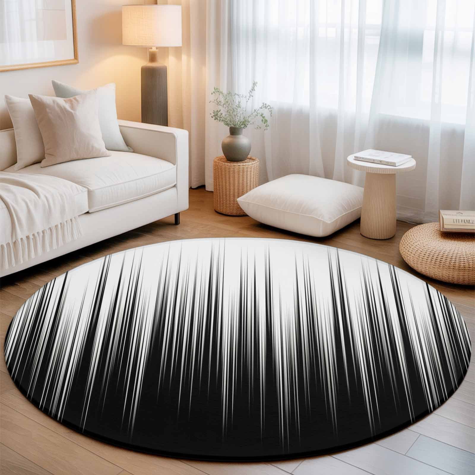 Large Round Rug 8Ft, Black White Non-Slip Washable Circle Rugs Carpet, Modern Geometric Abstract Gradient Striped Indoor Outdoor Rug Floor Mats Throw Runner for Bedroom Living Room Bathroom