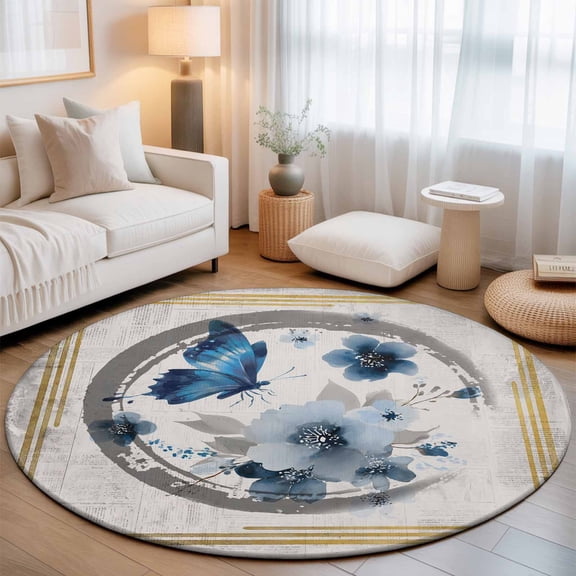 Large Round Rug 8Ft, Blue Butterflies Flowers Non-Slip Washable Circle Rugs Carpet, Spring Vintage Botanical Floral Indoor Outdoor Rug Floor Mats Throw Runner for Bedroom Living Room Bathroom