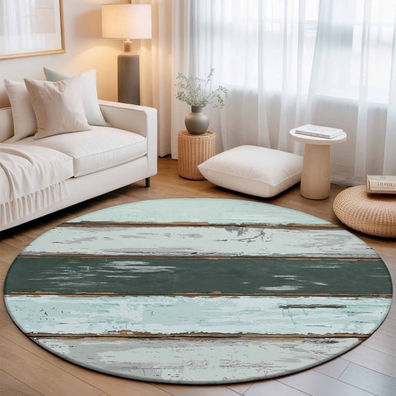 Large Round Rug 8Ft, Blue Teal Non-Slip Washable Circle Rugs Carpet, Vintage Wooden Retro Art Farmhouse Barns Indoor Outdoor Rug Floor Mats Throw Runner for Bedroom Living Room Bathroom