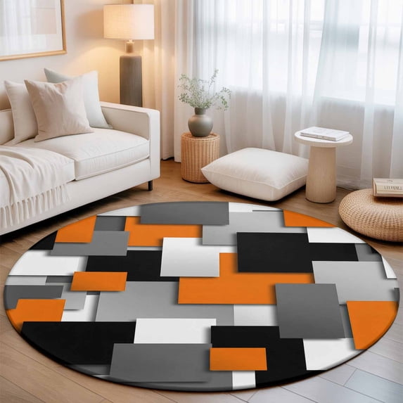 Large Round Rug 8Ft, Burnt Orange Black Geometric Non-Slip Washable Circle Rugs Carpet, Modern Abstract Art Block Indoor Outdoor Rug Floor Mats Throw Runner for Bedroom Living Room Bathroom