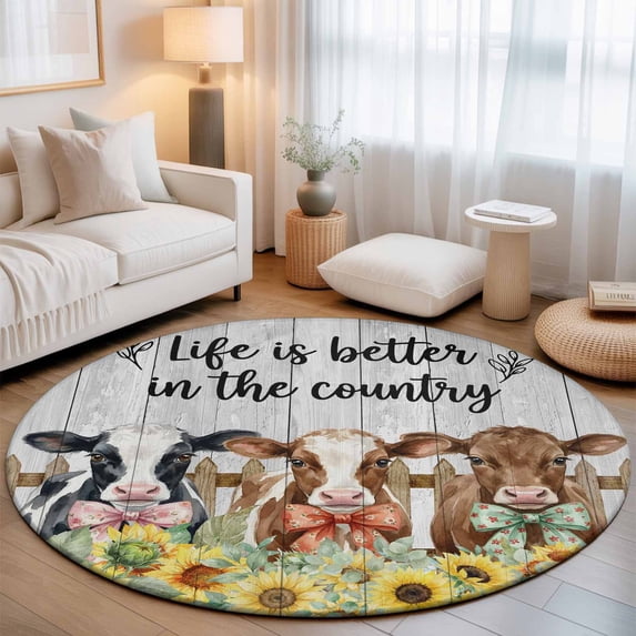 Large Round Rug 8Ft, Farmhouse Sunflowers Non-Slip Washable Circle Rugs Carpet, Country Cow Animals Fence Grey Wood Indoor Outdoor Rug Floor Mats Throw Runner for Bedroom Living Room Bathroom
