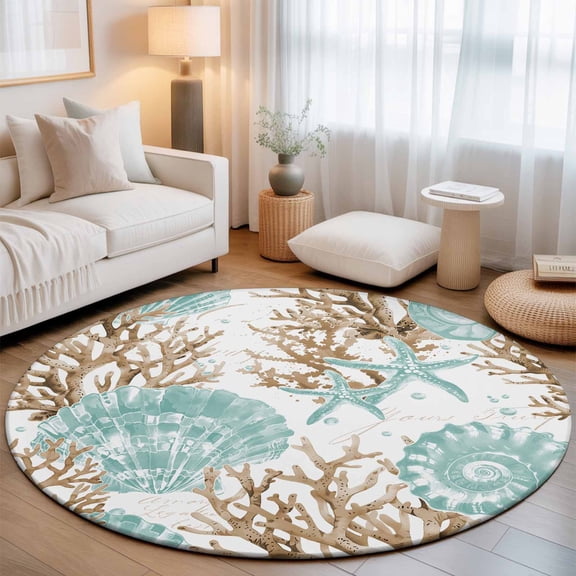 Large Round Rug 8Ft, Green Coastal Seashells Non-Slip Washable Circle Rugs Carpet, Nautical Brown Coral Starfish Indoor Outdoor Rug Floor Mats Throw Runner for Bedroom Living Room Bathroom