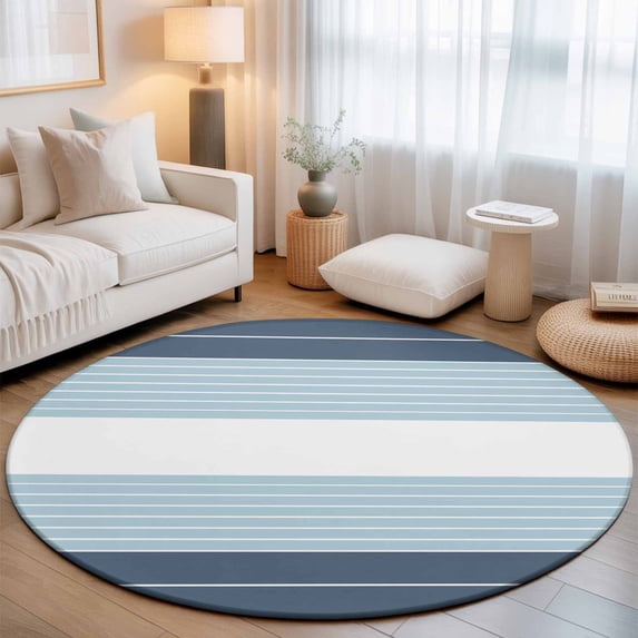 Large Round Rug 8Ft, Haze Blue Aqua Stripe Non-Slip Washable Circle Rugs Carpet, Modern Art Horizontal Striped Indoor Outdoor Rug Floor Mats Throw Runner for Bedroom Living Room Bathroom
