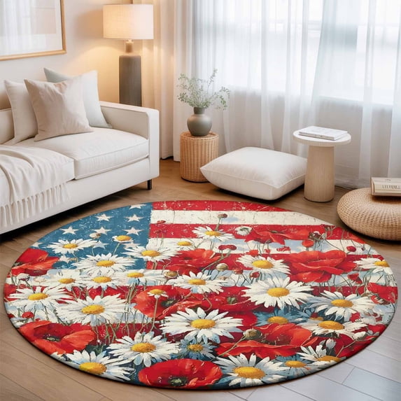 Large Round Rug 8Ft, Indenpendence Day Non-Slip Washable Circle Rugs Carpet, 4th of July Red Blue American Flag Indoor Outdoor Rug Floor Mats Throw Runner for Bedroom Living Room Bathroom