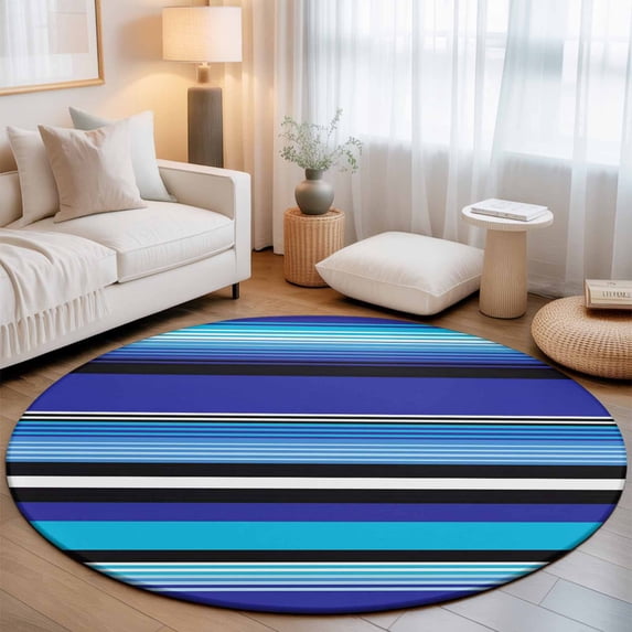 Large Round Rug 8Ft, Mexican Style Non-Slip Washable Circle Rugs Carpet, Colorful Mexico Stripes Ombre Navy Blue Indoor Outdoor Rug Floor Mats Throw Runner for Bedroom Living Room Bathroom