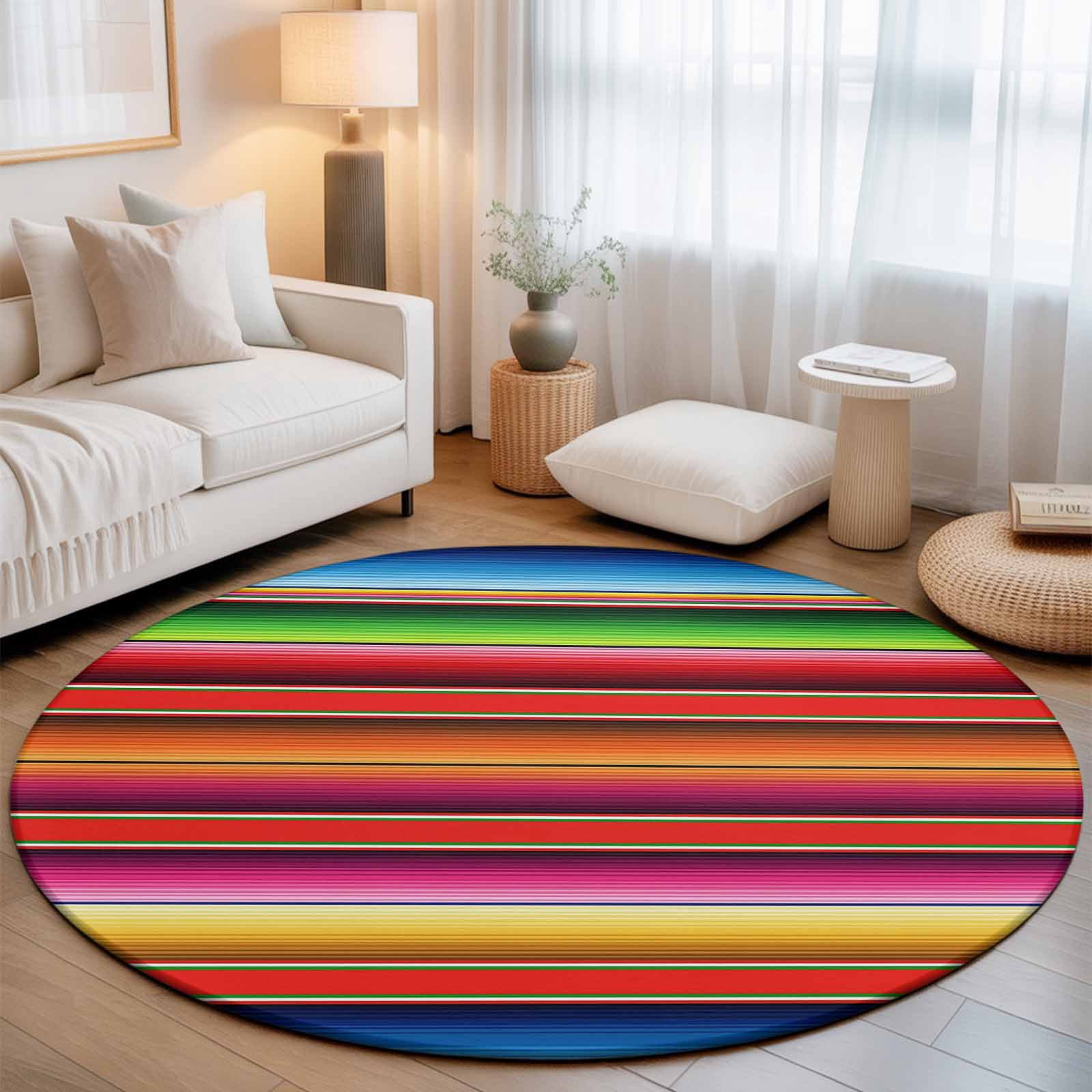 Large Round Rug 8Ft, Mexican Style Non-Slip Washable Circle Rugs Carpet, Colorful Mexico Stripes Red Blue Indoor Outdoor Rug Floor Mats Throw Runner for Bedroom Living Room Bathroom