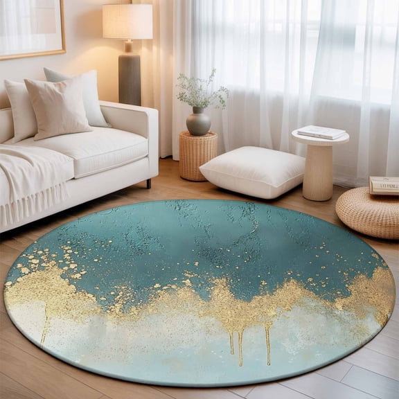 Large Round Rug 8Ft, Modern Teal Turquoise Non-Slip Washable Circle Rugs Carpet, Abstract Oil Painting Minimalist Art Indoor Outdoor Rug Floor Mats Throw Runner for Bedroom Living Room Bathroom