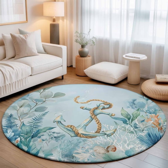 Large Round Rug 8Ft, Nautical Anchor Non-Slip Washable Circle Rugs Carpet, Coastal Ocean Coral Eucalyptus Leaves Indoor Outdoor Rug Floor Mats Throw Runner for Bedroom Living Room Bathroom