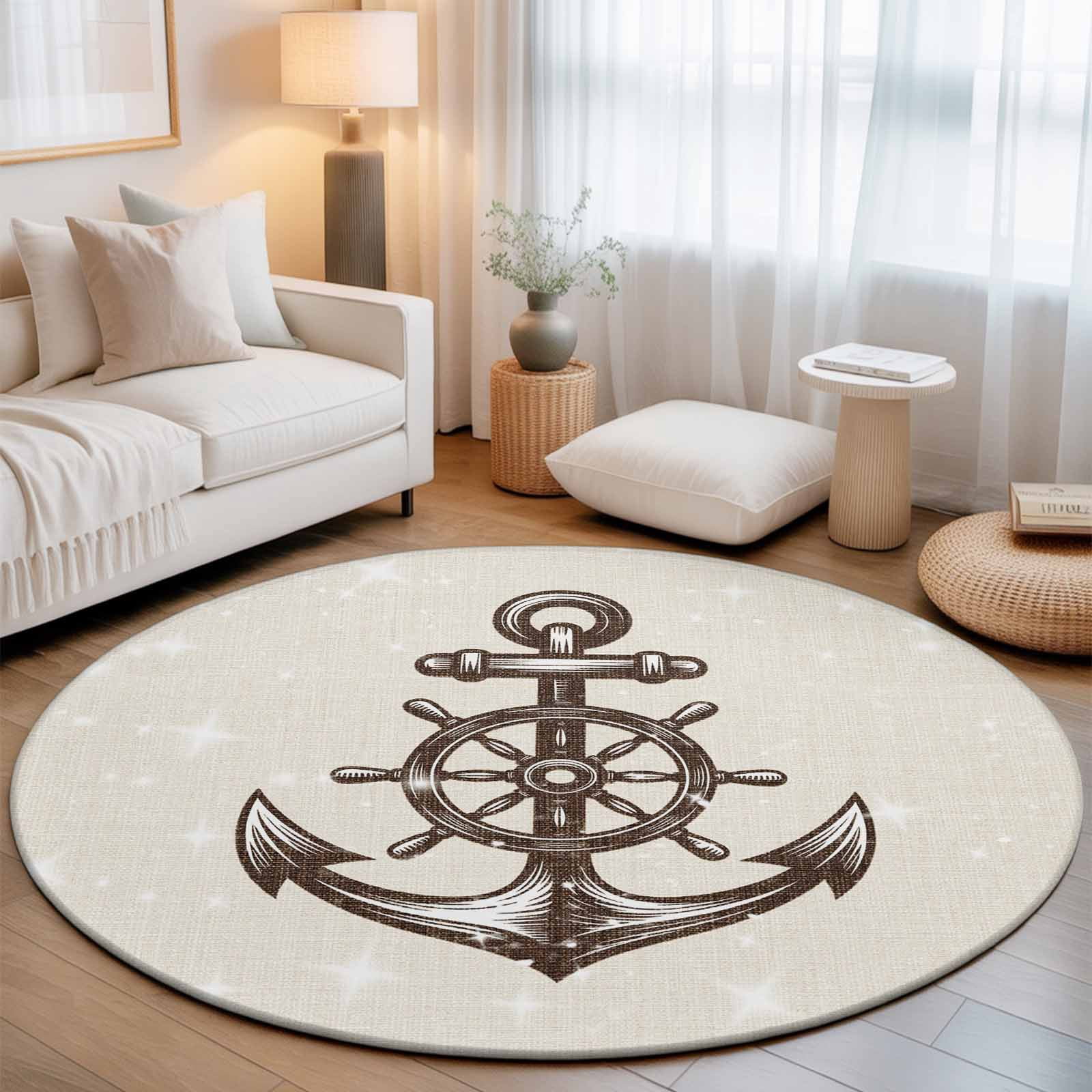 Large Round Rug 8Ft, Nautical Anchor Non-Slip Washable Circle Rugs Carpet, Vintage Coastal Rudder Farmhouse Beige Indoor Outdoor Rug Floor Mats Throw Runner for Bedroom Living Room Bathroom