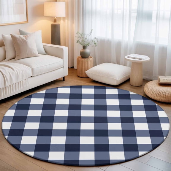 Large Round Rug 8Ft, Navy Blue Check Non-Slip Washable Circle Rugs Carpet, Farmhouse Buffalo Plaid Blue Indoor Outdoor Rug Floor Mats Throw Runner for Bedroom Living Room Bathroom