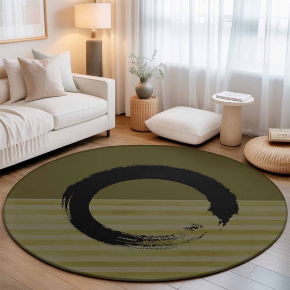 Large Round Rug 8Ft, Olive Green Striped Non-Slip Washable Circle Rugs Carpet, Black Geometric Vintage Stripes Ombre Indoor Outdoor Rug Floor Mats Throw Runner for Bedroom Living Room Bathroom