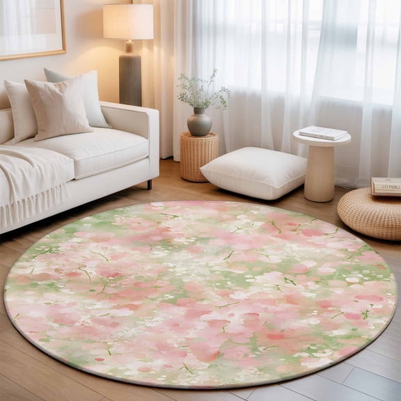 Large Round Rug 8Ft, Pink Green Flower Non-Slip Washable Circle Rugs Carpet, Watercolor Summer Botanical Indoor Outdoor Rug Floor Mats Throw Runner for Bedroom Living Room Bathroom