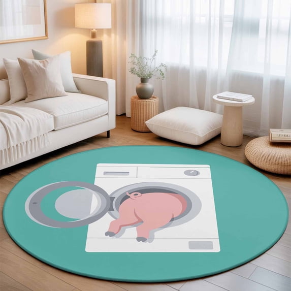 Large Round Rug 8Ft, Pink Pig Non-Slip Washable Circle Rugs Carpet, Teal Laundry Room Washing Machine Indoor Outdoor Rug Floor Mats Throw Runner for Bedroom Living Room Bathroom