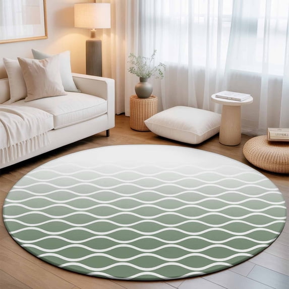 Large Round Rug 8Ft, Sage Green Striped Non-Slip Washable Circle Rugs Carpet, Modern Abstract Ombre Geometric Morocco Indoor Outdoor Rug Floor Mats Throw Runner for Bedroom Living Room Bathroom