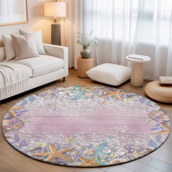 Large Round Rug 8Ft, Summer Beach Starfish Non-Slip Washable Circle Rugs Carpet, Pink Coastal Ocean Conch Wood Grain Indoor Outdoor Rug Floor Mats Throw Runner for Bedroom Living Room Bathroom