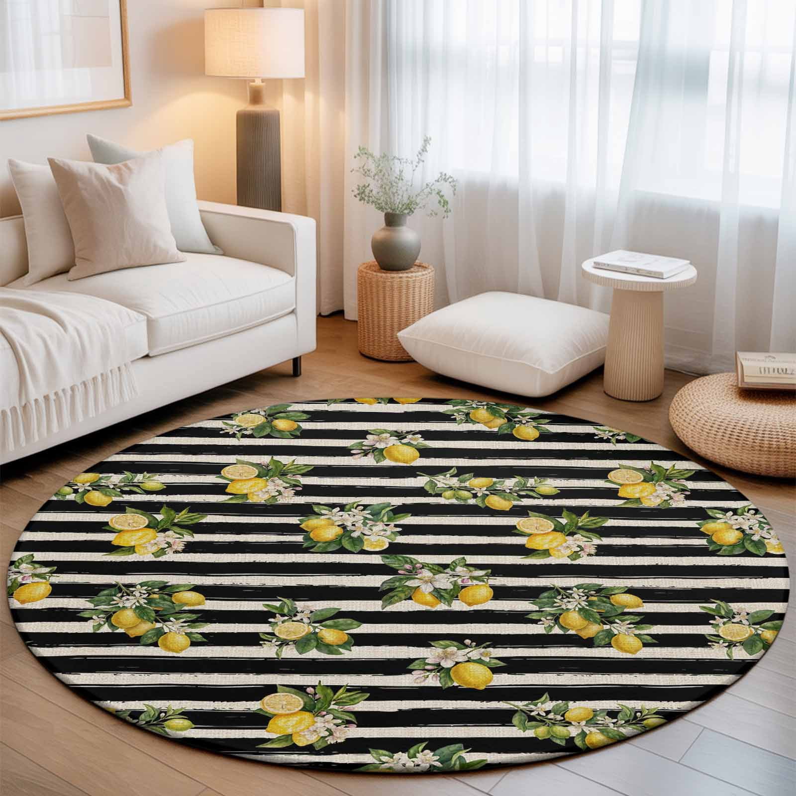 Large Round Rug 8Ft, Summer Lemons Non-Slip Washable Circle Rugs Carpet, Vintage Fruits Flowers Black Striped Indoor Outdoor Rug Floor Mats Throw Runner for Bedroom Living Room Bathroom