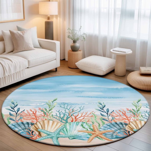 Large Round Rug 8Ft, Summer Nautical Non-Slip Washable Circle Rugs Carpet, Coastal Beach Starfish Coral Shell Blue Indoor Outdoor Rug Floor Mats Throw Runner for Bedroom Living Room Bathroom