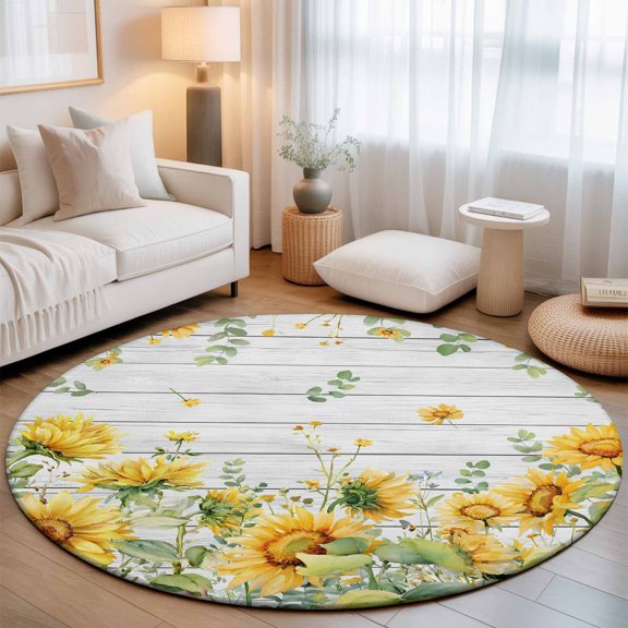 Large Round Rug 8Ft, Sunflower Non-Slip Washable Circle Rugs Carpet, Summer Eucalyptus Botanical Floral Farmhouse Indoor Outdoor Rug Floor Mats Throw Runner for Bedroom Living Room Bathroom
