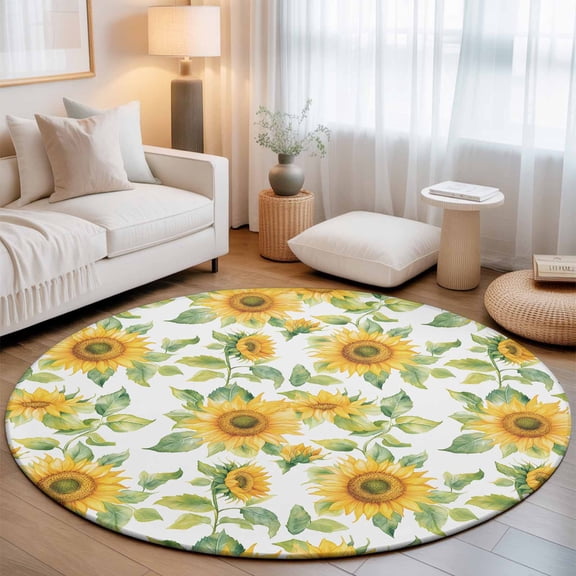 Large Round Rug 8Ft, Sunflower Non-Slip Washable Circle Rugs Carpet, Watercolor Summer Botanical Pastoral Indoor Outdoor Rug Floor Mats Throw Runner for Bedroom Living Room Bathroom