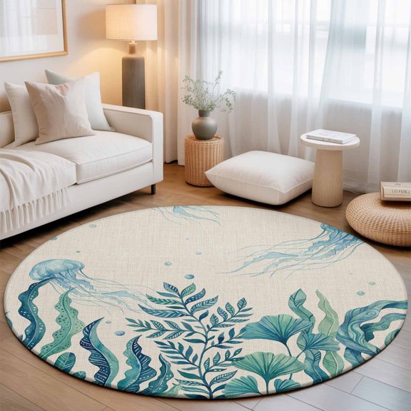 Large Round Rug 8Ft, Turquoise Jellyfish Coastal Non-Slip Washable Circle Rugs Carpet, Summer Ocean Seaweed Rustic Indoor Outdoor Rug Floor Mats Throw Runner for Bedroom Living Room Bathroom