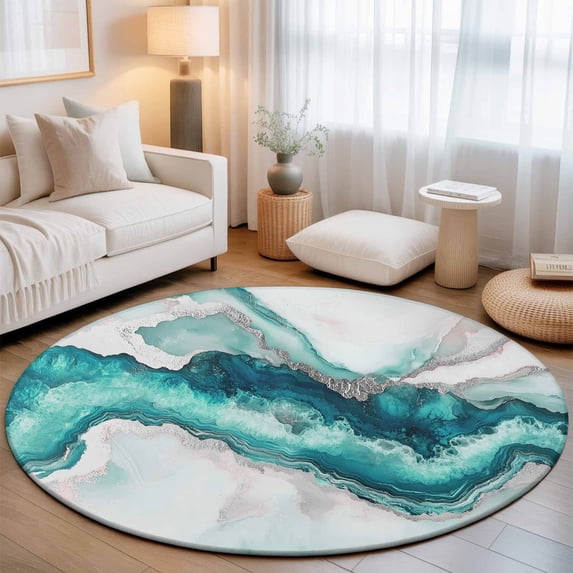 Large Round Rug 8Ft, Turquoise Marble Non-Slip Washable Circle Rugs Carpet, Luxury Modern Abstract Texture Art Indoor Outdoor Rug Floor Mats Throw Runner for Bedroom Living Room Bathroom