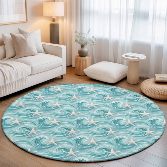 Large Round Rug 8Ft, Turquoise Ocean Waves Non-Slip Washable Circle Rugs Carpet, Summer Beach Coastal Starfish Indoor Outdoor Rug Floor Mats Throw Runner for Bedroom Living Room Bathroom