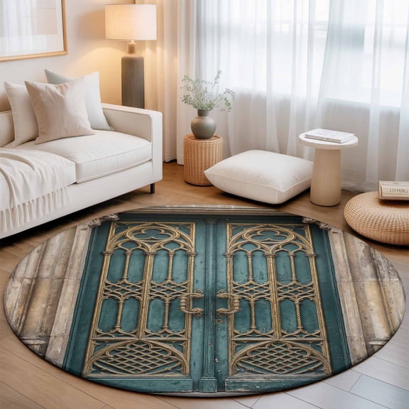 Large Round Rug 8Ft, Turquoise Vintage Door Non-Slip Washable Circle Rugs Carpet, Countryside Barn Abstract Art Indoor Outdoor Rug Floor Mats Throw Runner for Bedroom Living Room Bathroom