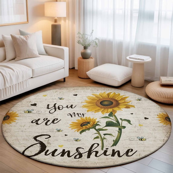 Large Round Rug 8Ft, Vintage Sunflowers Non-Slip Washable Circle Rugs Carpet, Spring Summer Retro Bees Yellow Floral Indoor Outdoor Rug Floor Mats Throw Runner for Bedroom Living Room Bathroom