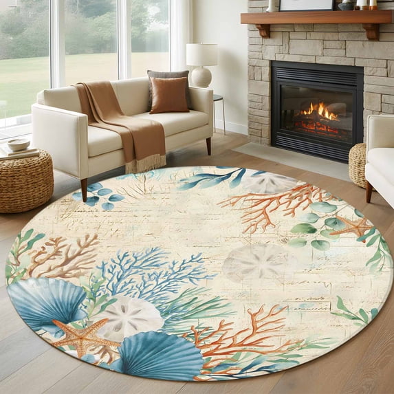 Large Round Rug 8Ft Washable Non-Slip, Beige Beach Coastal Circle Area Rugs for Living Room Bedroom, Summer Nautical Coral Shell Botanical Indoor Floor Mats Carpet Runner for Home Decor