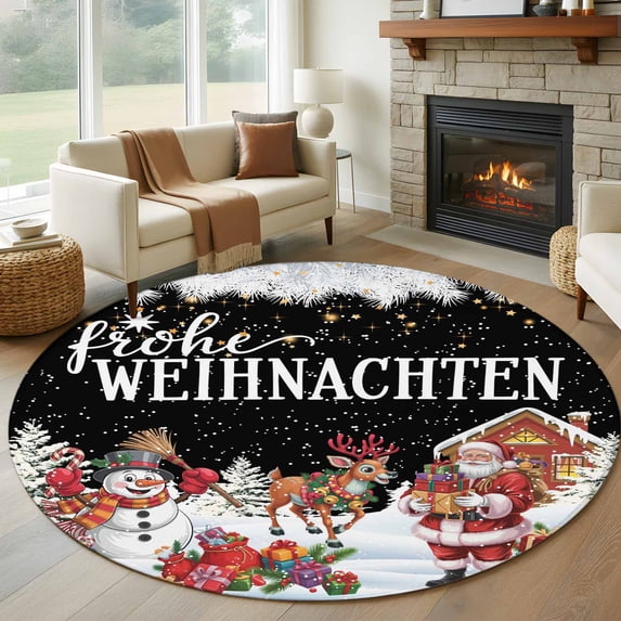 Large Round Rug 8Ft Washable Non-Slip, Black Christmas Circle Area Rugs for Living Room Bedroom, Santa Snowman Snowflake Gifts Elk Indoor Floor Mats Carpet Runner for Home Decor