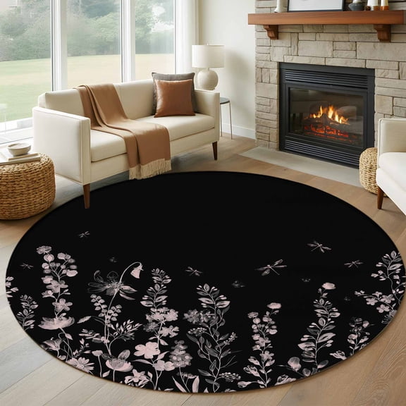 Large Round Rug 8Ft Washable Non-Slip, Black Floral Circle Area Rugs for Living Room Bedroom, Elegant Pastoral Flowers Farmhouse Indoor Floor Mats Carpet Runner for Home Decor