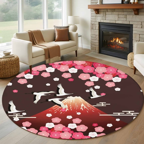Large Round Rug 8Ft Washable Non-Slip, Black Mountains Circle Area Rugs for Living Room Bedroom, Modern Aesthetic Cherry Blossoms Cranes Indoor Floor Mats Carpet Runner for Home Decor