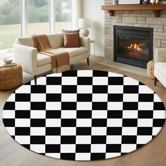 Large Round Rug 8Ft Washable Non-Slip, Black White Plaid Circle Area Rugs for Living Room Bedroom, Farmhouse Modern Minimalist Geometric Indoor Floor Mats Carpet Runner for Home Decor